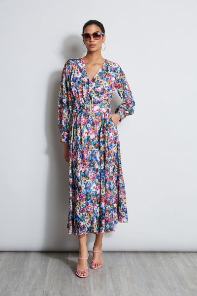 Sexy Floral Print Long Sleeves Viscose Faux Wrap Belted Midi Dress