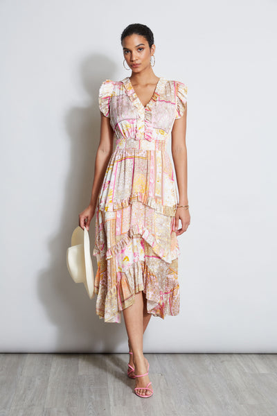 V-neck Paisley Print Tiered Asymmetric Flutter Sleeves Elasticized Waistline Smocked Midi Dress With Ruffles