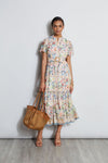 Sexy Belted Tiered Short Sleeves Sleeves Full-Skirt Collared Floral Print Summer Shirt Midi Dress With a Sash