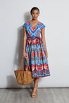 V-neck Cotton Pleated Belted Floral Print Full-Skirt Midi Dress With a Sash