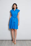 Collared Accordion Pleated Belted Elasticized Waistline Shirt Dress With a Sash