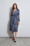 Sophisticated V-neck Pleated Faux Wrap Long Sleeves General Print Dress With a Sash