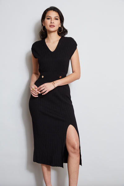 V-neck Belted Slit Sweater Midi Dress