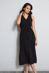 Sleeveless Pleated Faux Wrap Little Black Dress/Midi Dress With a Sash