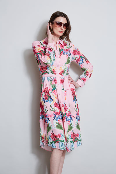 Sophisticated Collared Floral Print Shirt Midi Dress With a Sash