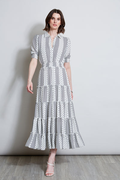 Sophisticated Smocked Dots Print Tiered 3/4 Sleeves Shirt Midi Dress