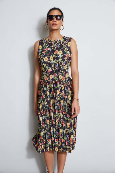 Sexy Summer Elasticized Waistline Sleeveless Smocked Pleated Floral Print Midi Dress