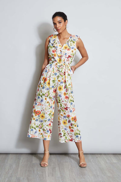 Floral Print Ruffle Trim Sleeveless Self Tie Wrap Jumpsuit With a Sash