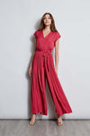 V-neck Cap Sleeves Flowy Pleated Polyester Jumpsuit