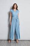 V-neck Polyester Pleated Flowy Cap Sleeves Jumpsuit