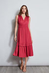 V-neck Smocked Polyester Pleated Tiered Fitted Sleeveless Midi Dress With Ruffles