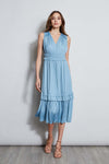 V-neck Polyester Sleeveless Tiered Fitted Pleated Smocked Midi Dress With Ruffles