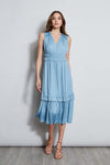 V-neck Fitted Tiered Pleated Smocked Sleeveless Polyester Midi Dress With Ruffles