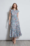 V-neck Paisley Print Tiered Flutter Sleeves Elasticized Waistline Smocked Shirt Midi Dress