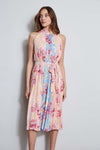 Floral Print Halter Pleated Belted Accordion Georgette Elasticized Waistline Dress With a Sash
