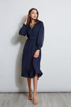 V-neck Smocked Pleated Long Sleeves Polyester Midi Dress