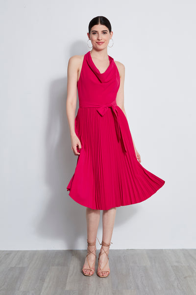 Sleeveless Pleated Cowl Neck Halter Midi Dress With a Sash