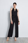 Sophisticated Halter Sleeveless Gathered Elasticized Waistline Jumpsuit With a Sash