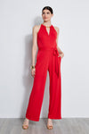 Sophisticated Halter Sleeveless Elasticized Waistline Gathered Jumpsuit With a Sash