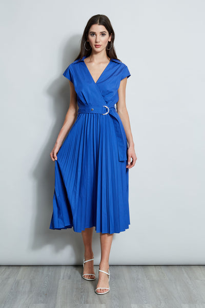 Faux Wrap Pleated Belted Accordion Portrait Neck Shirt Maxi Dress/Midi Dress With a Sash