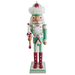 Wooden Retro Green & White Nutcracker with Fur Hat - THE CHRISTMAS RANCH
