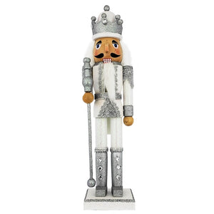 Wooden Glittered Silver & White King Nutcracker Holding a Staff - THE CHRISTMAS RANCH