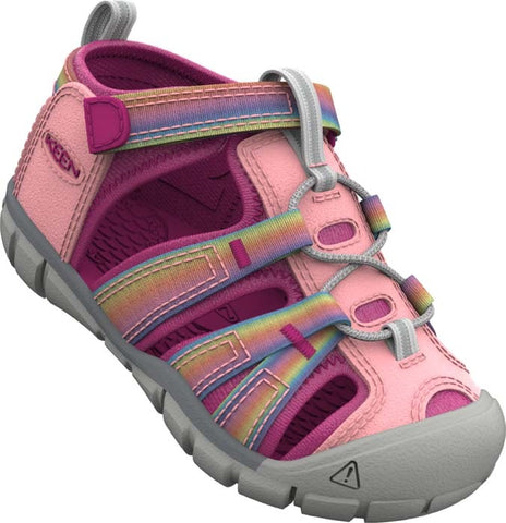 The Keen children's Seacamp style at Lucky Shoes in the rainbow/festival fuchsia coloration is a great style for breathability & foot protection.