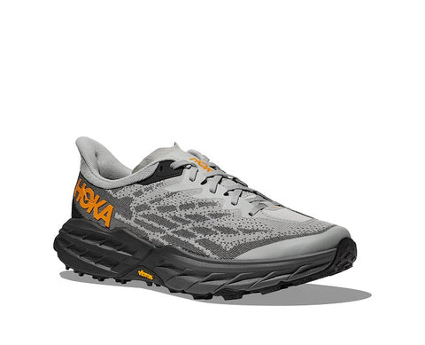 The Mens Hoka Speedgoat 5 at Lucky Shoes in the Harbor Mist/Black coloration.