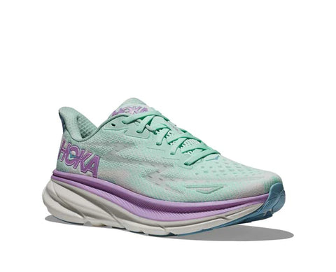 The Womens Hoka Clifton 9 at Lucky Shoes in the Sunlit Ocean/Lilac Mist coloration.