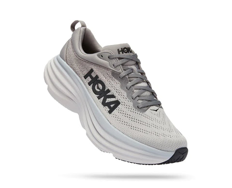 The Mens Hoka Bondi 8 at Lucky Shoes in the Harbor Mist/Sharkskin coloration.