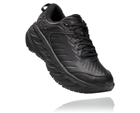 The Mens and Womens Hoka Bondi Slip Resistant at Lucky Shoes in the black/black coloration.