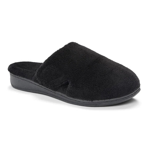 The Vionic Gemma Slipper in Black at Lucky Shoes features stability in the heel, arch support, and cushioning in the toe.