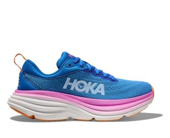 The women%u2019s Hoka Bondi 8 in the Coastal Sky/All Aboard color from Lucky Shoes helps keep the pain from plantar fasciitis at bay. The rear crash pad enables an amazingly soft and balanced ride from heel strike to forefoot.