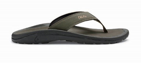 The men%u2019s Olukai Ohana from Lucky Shoes in the Kona/Kona color. This flip flop style features a deep heel cup and arch support to alleviate pain from plantar fasciitis.