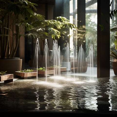 Fontana d'acqua interna che crea un'atmosfera tranquilla nel soggiorno.