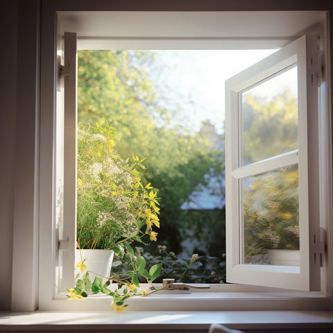 Offenes Fenster mit frischer Luft unterstreicht die Bedeutung der Belüftung für allergikerfreundliche Häuser