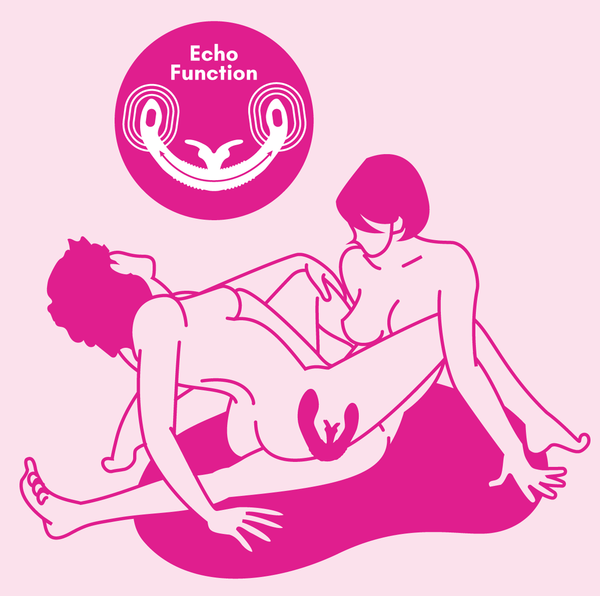 The Echo Function in use showing two women responding to the vibrations of the Together Couples' Vibrator