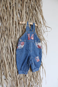 Vintage denim overalls with patches - size 6 months