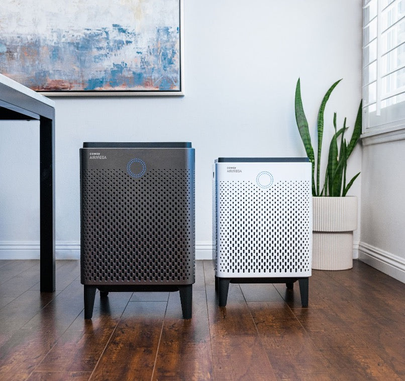 Two Airmega air purifiers in a home during spring.