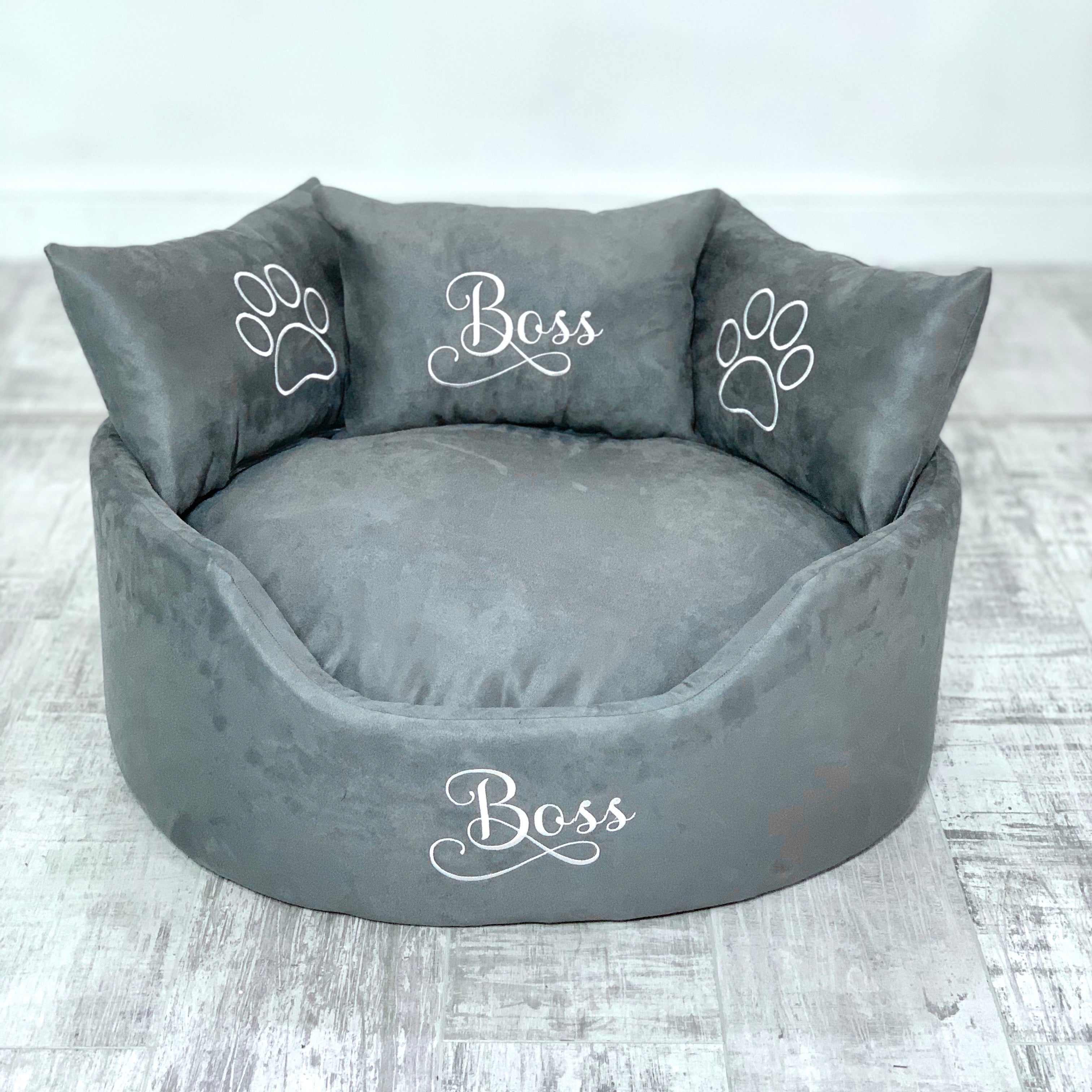 Personalised Grey Suede Dog Bed - FurBabiess