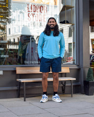 Harj styles the Battenwear T-shirt with Navy Colorful Standard Shorts and the same Karhu Fusion 2.0 trainers