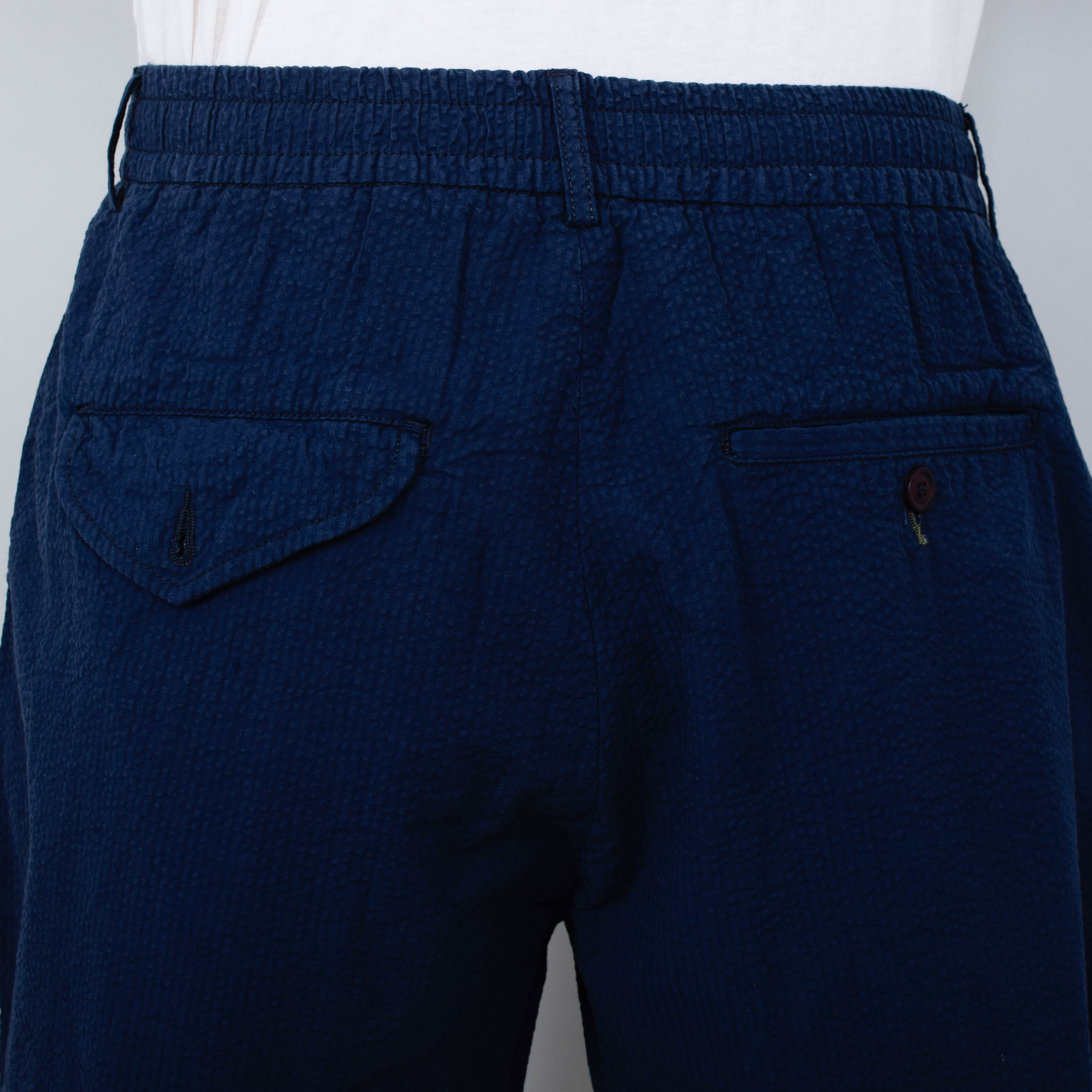 Universal Works Pleated Track Short Seersucker - Navy