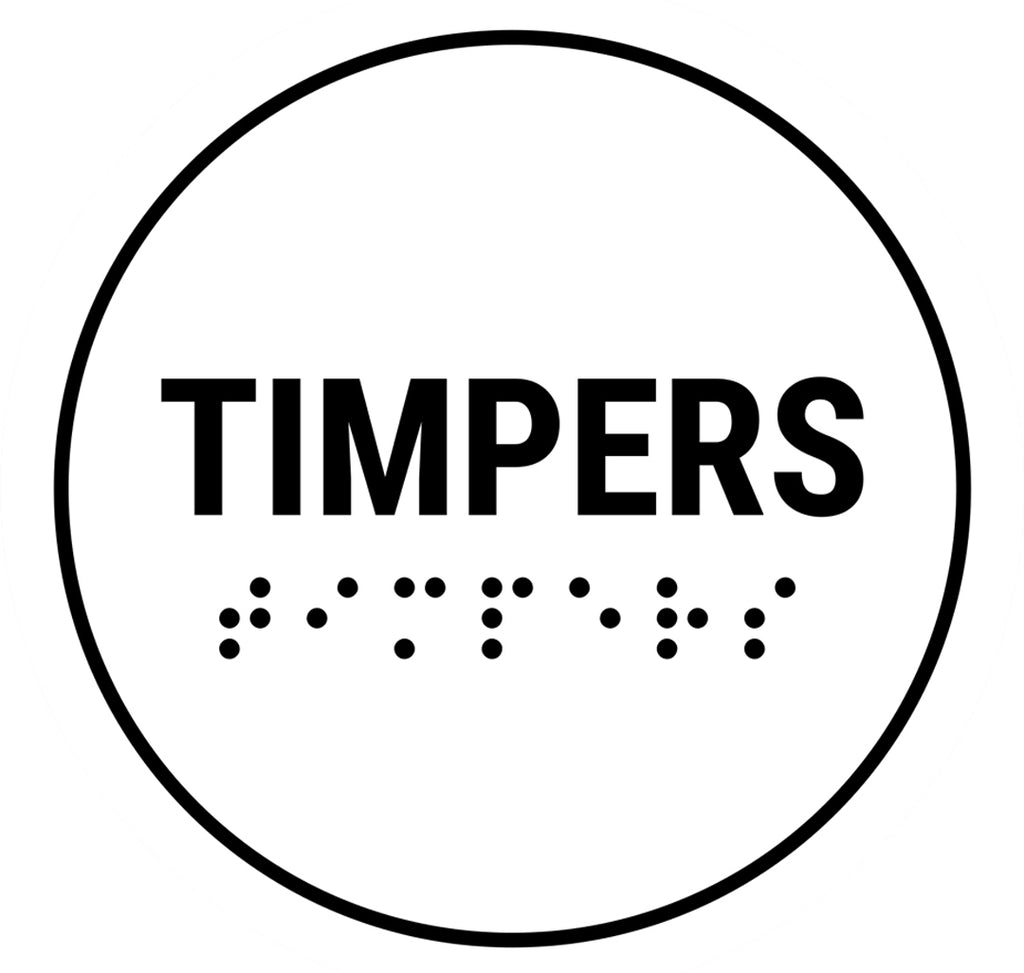Logo de Timpers nuevo. Una circunferencia negra con la palabra Timpers escrita en mayúsculas en el centro, y más abajo la palabra timpers escrita en braille. 