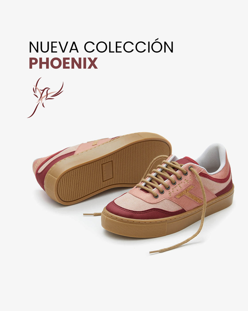 nueva colección Phoenix, con las zapatilla del nuevo modelo en color rojizo, con una T hecha de corcho en el lateral. 