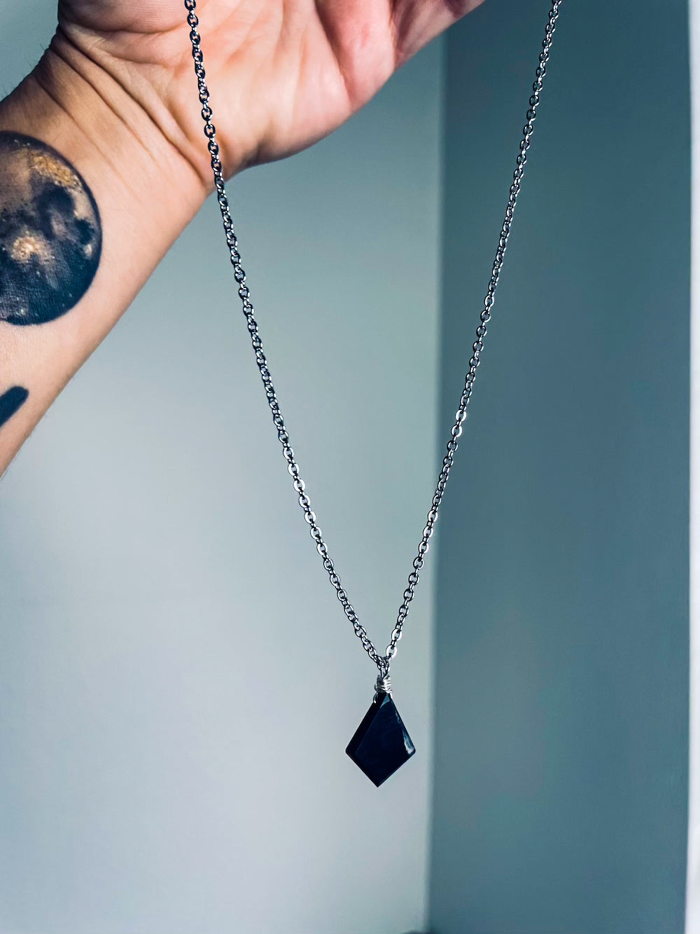 'Inner Strength' Large Black Agate Stainless Steel Necklace