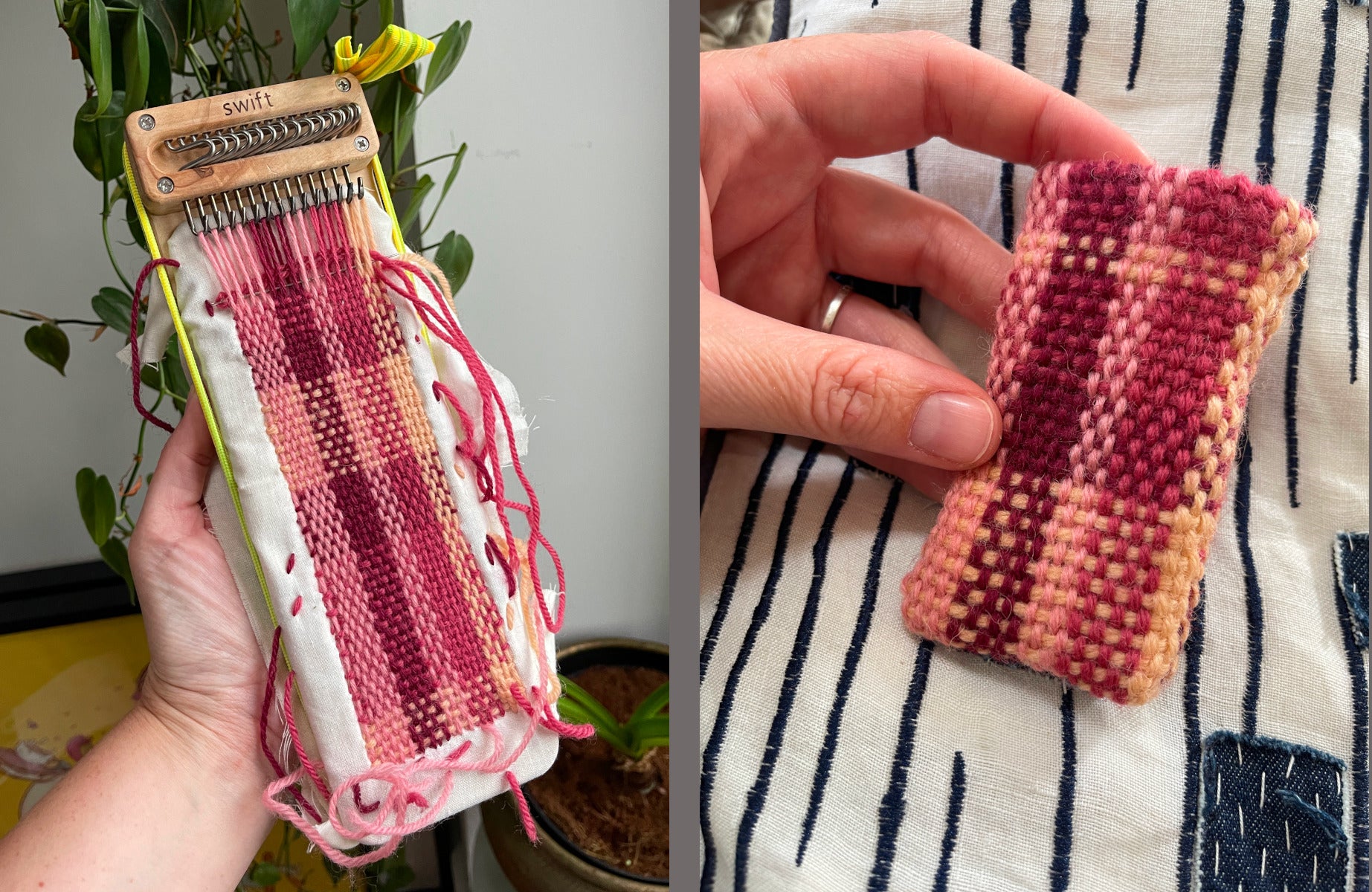 Left: Light-skinned hand holding Swift Darning Loom with XL Work Surface, in-progress weaving a woolen patch in shades of pink on a white background. Right: finished pouch all sewn together, held by same person in front of an indigo and white striped background.