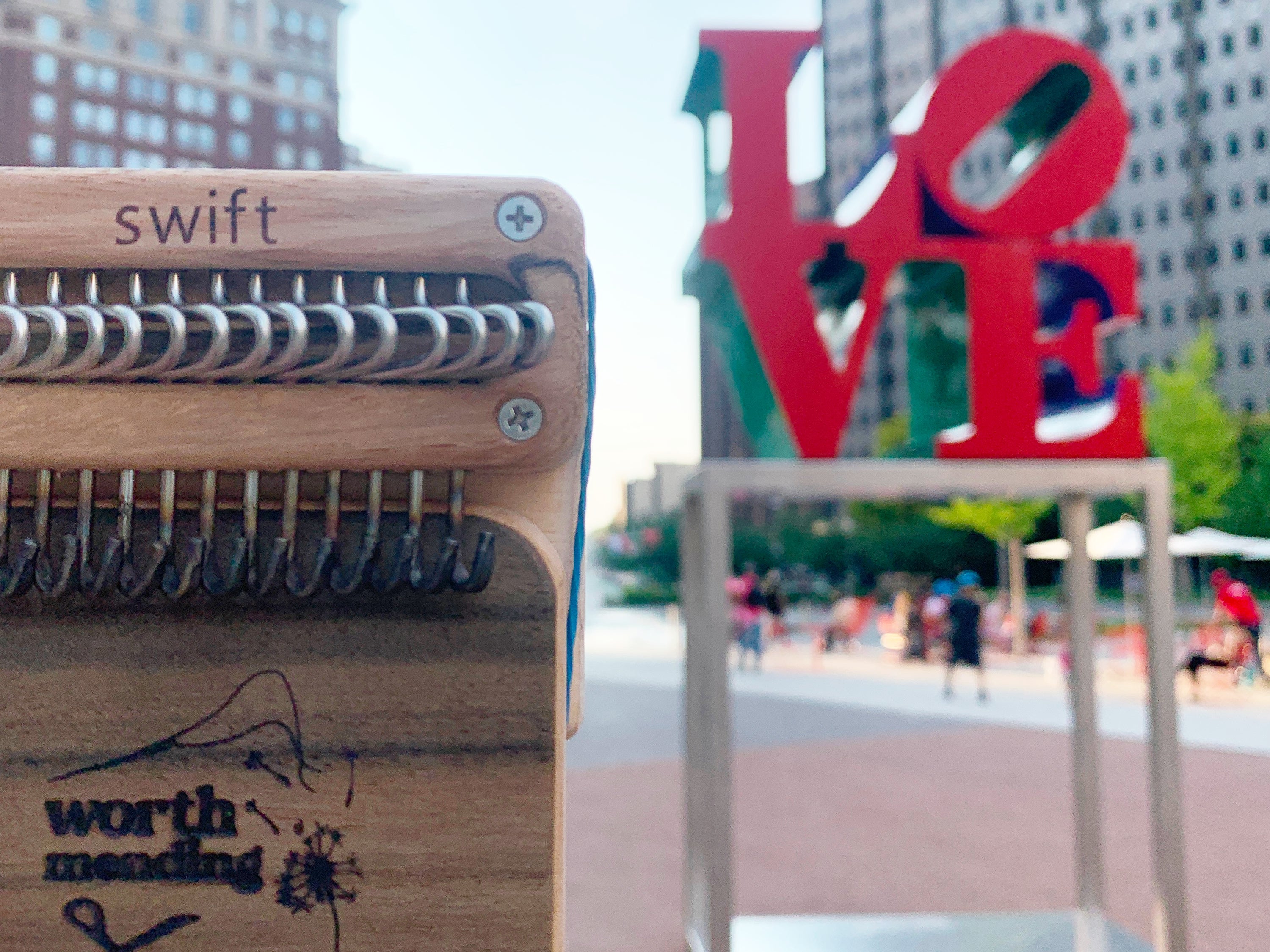 Swift Darning Loom photographed in front of LOVE Park (JFK Plaza) in Philadelphia