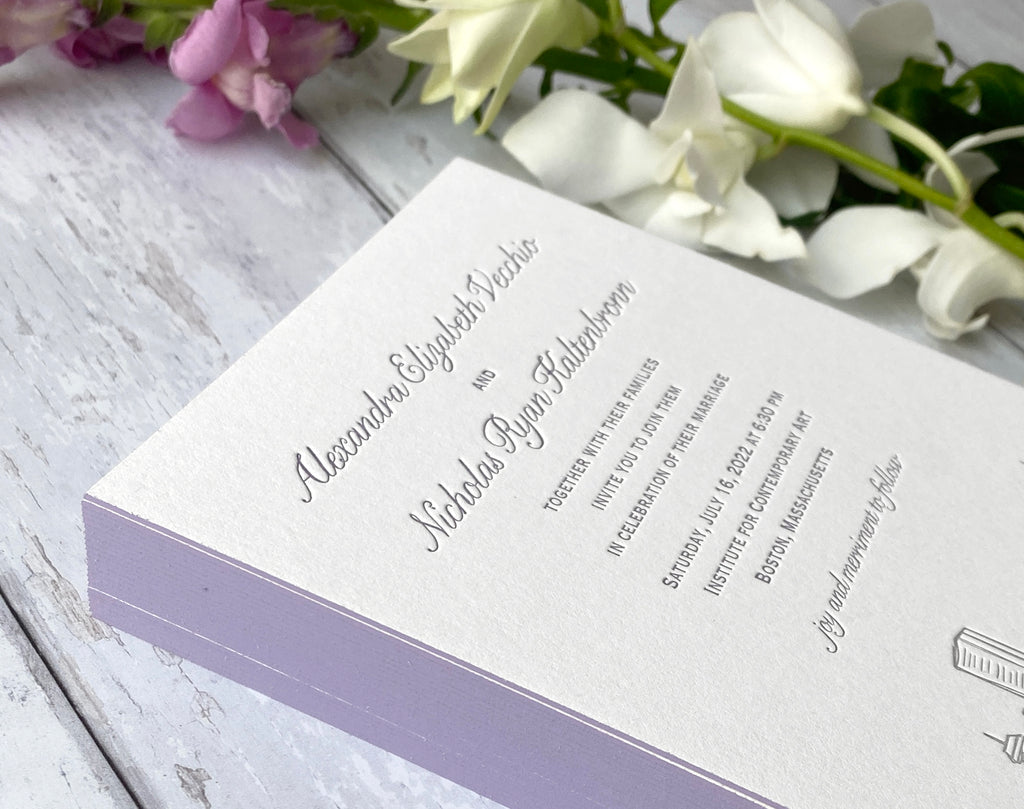 letterpress wedding invitation with lavender edge painting