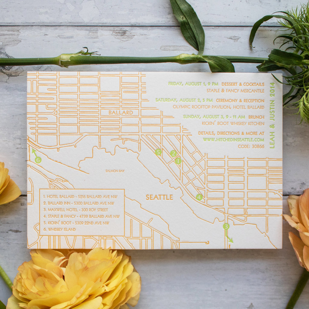 letterpress printed custom-designed wedding map and event detail card, ballard district of seattle