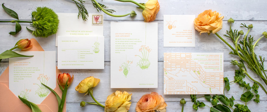 contemporary design, letterpress wedding invitations, kokedama illustration, custom map of seattle,